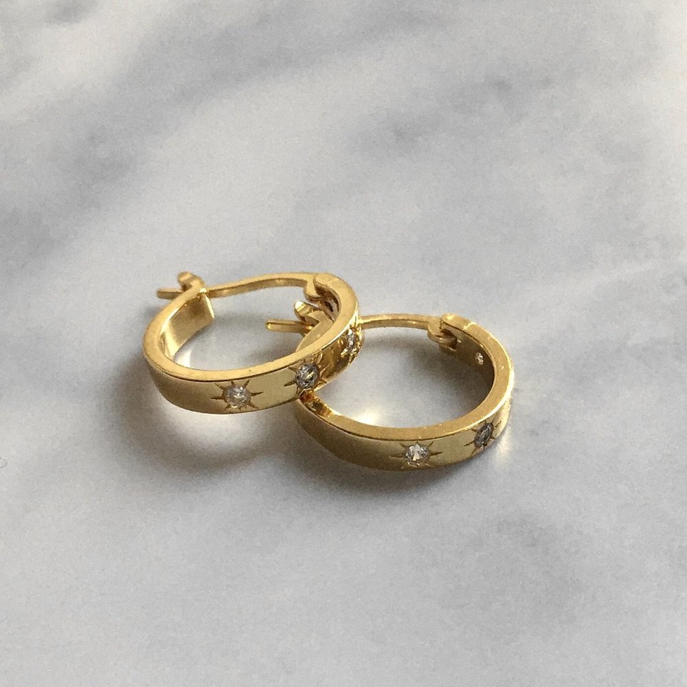 Dainty Gold Plated Huggie Hoop Earrings with Cubic Zirconia Stones
